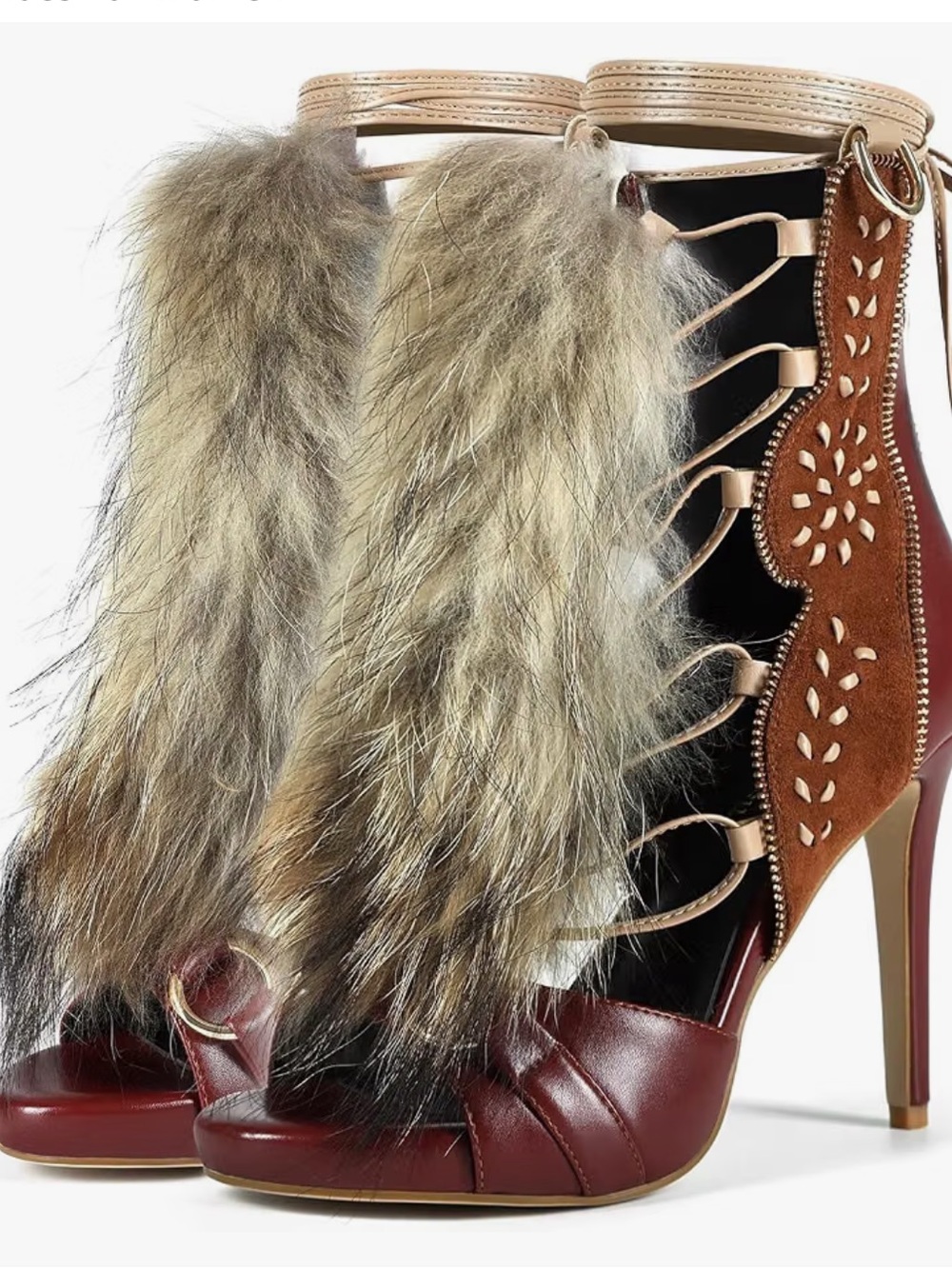 Women's Brown Suede & Fur Stiletto Sandal Bootie